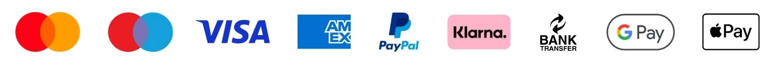 Akzeptierte Zahlungsmethoden: Mastercard, Visa, American Express, PayPal, Klarna, Banküberweisung, Google Pay, Apple Pay